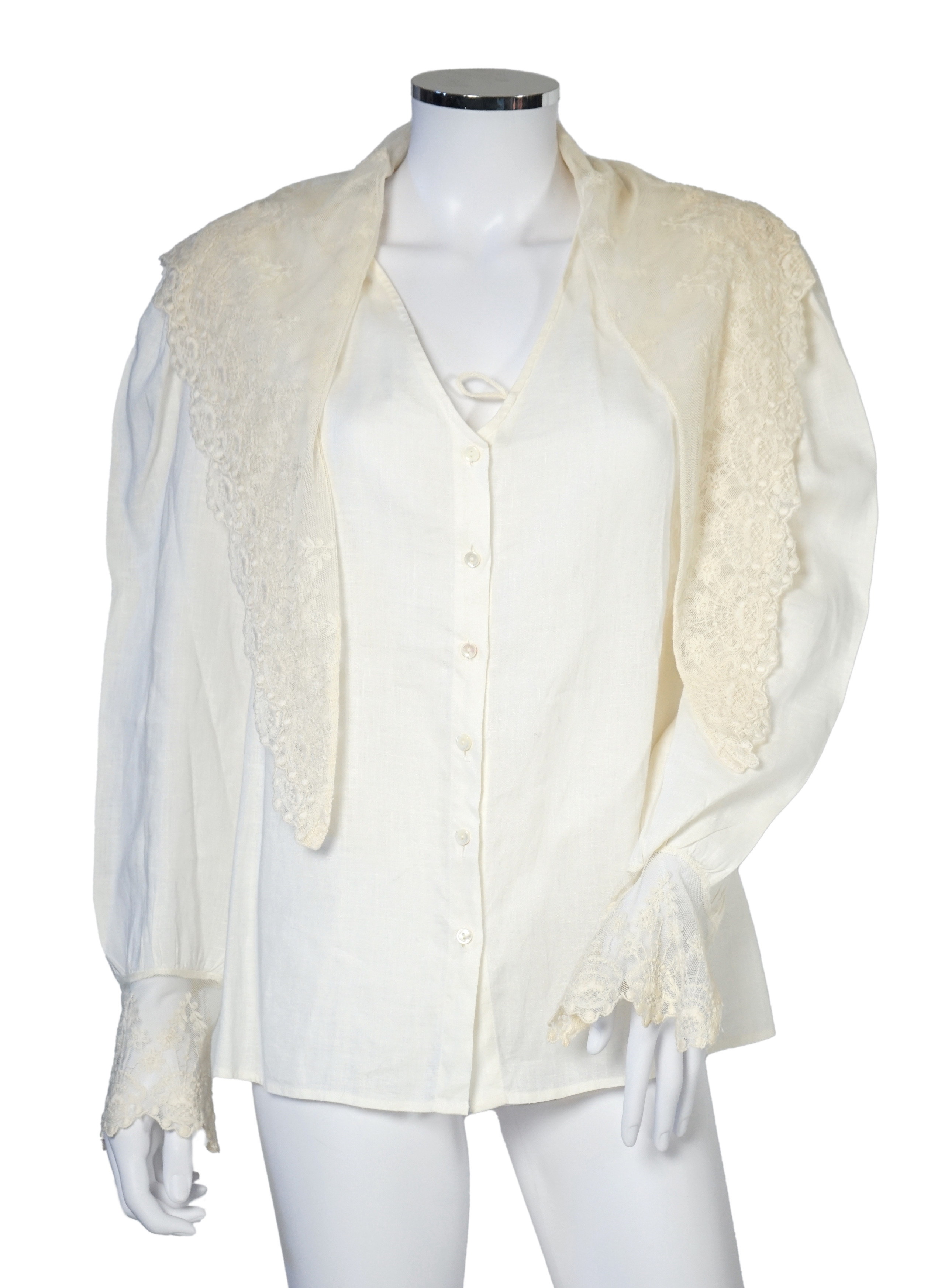 Two Ralph Lauren cotton blouses with lace detail, cream size 10, floral stripe size 8